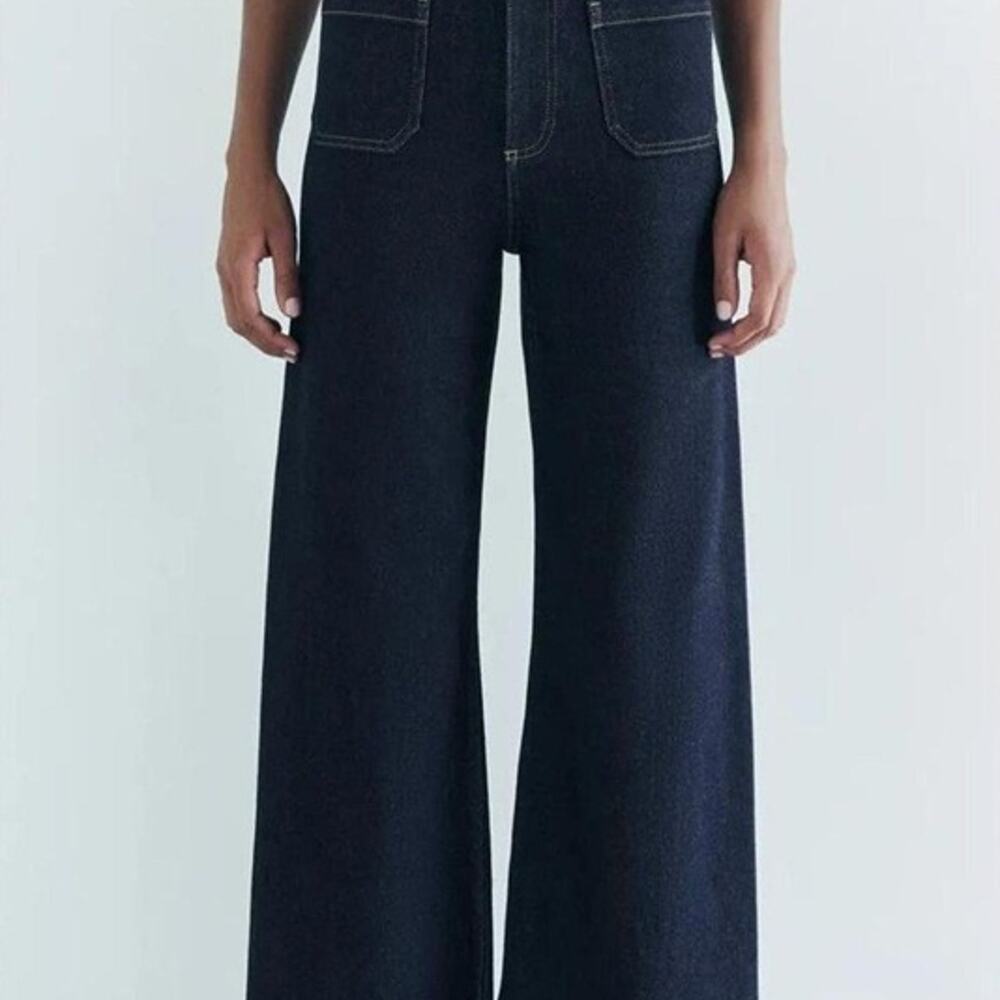 ZARA The Patch Pockets Marine Straight High Rise Dark Indigo Jeans Size 2